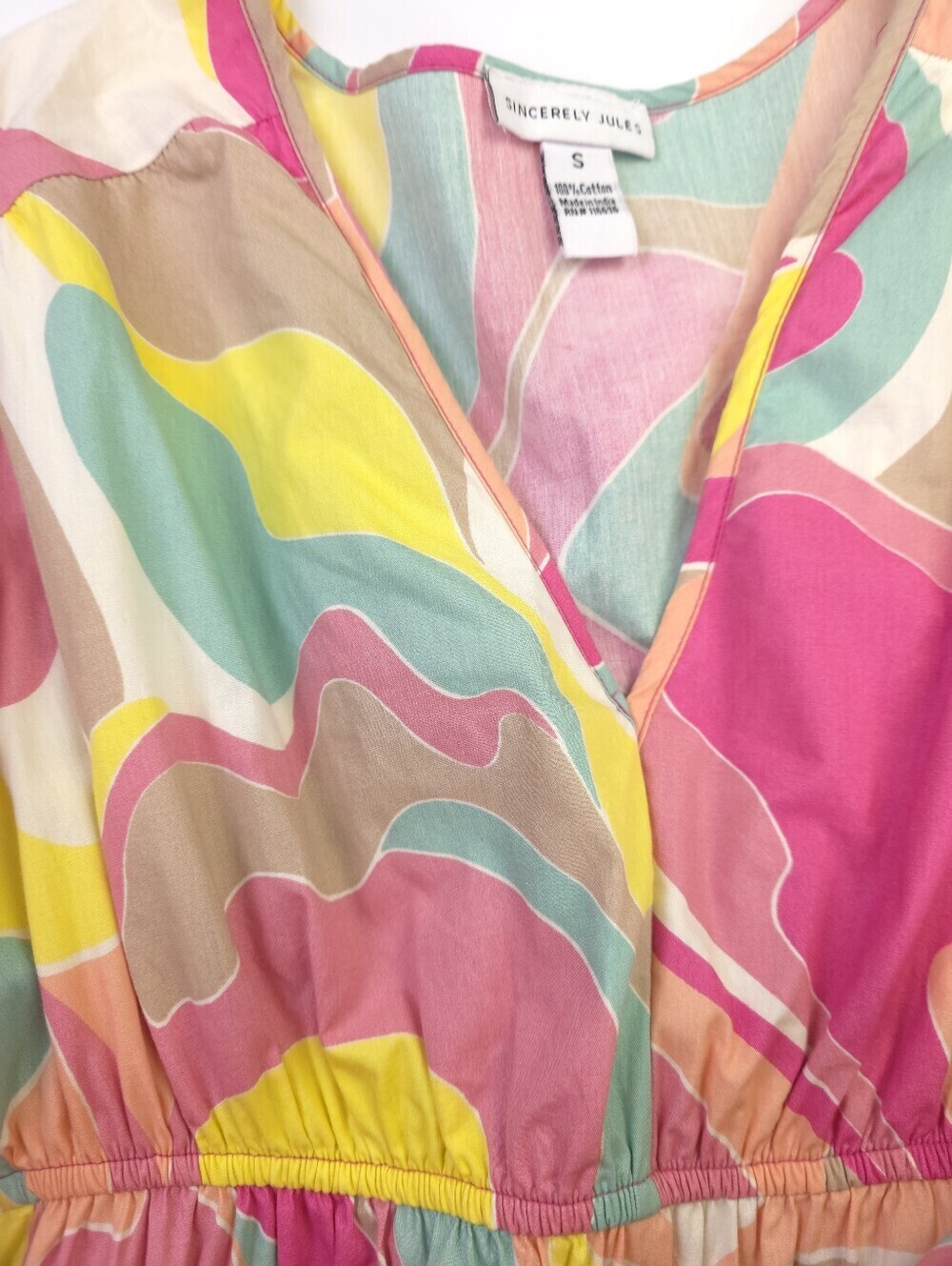 Sincerely Jules Colorful Swirl V-Neck Puff Sleeve Dress S - Picture 5 of 14